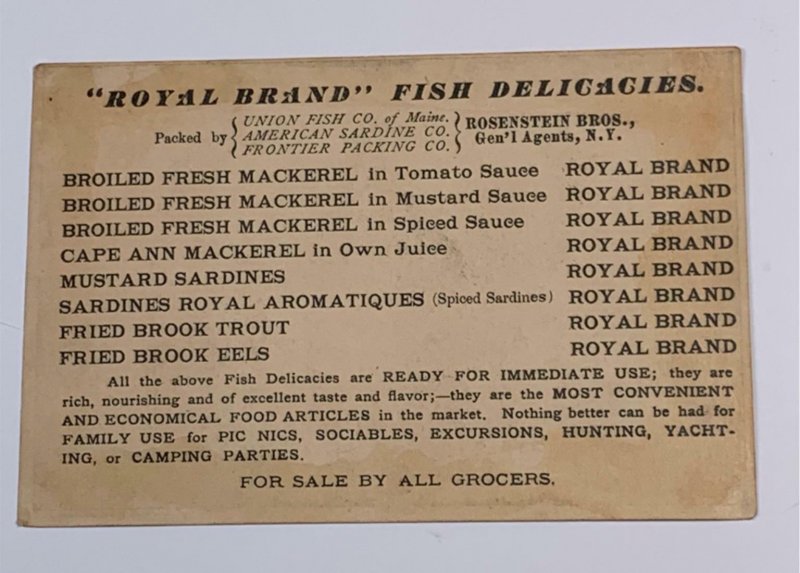 Victorian Trade Card Royal Brand Fish Delicacies Rosenstein Bros NY New York