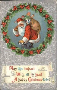 CHRISTMAS Santa Claus w Sack of Toys WREATH BORDER c1910 Postcard