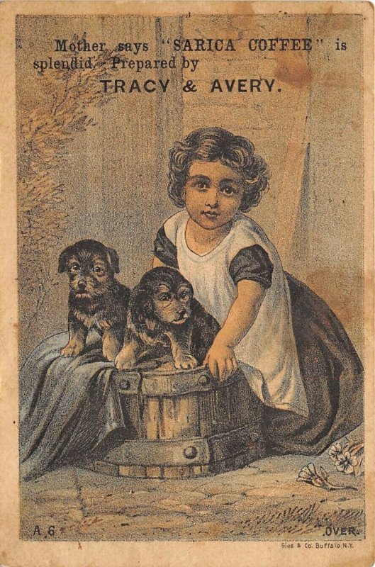 Sarica Coffee Victorian Trade Card Girl Puppies Mansfield Ohio Roaster