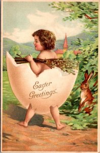 Easter PC Child Wearing Half Egg Shell as Clothes Bunny Rabbit Pussy Willow