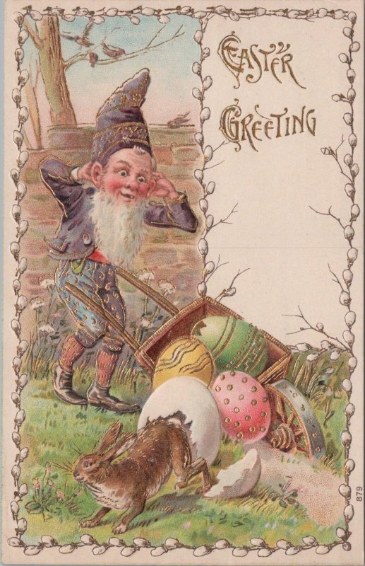 Easter Postcard Gnome Pushing Capsized Egg Cart With Hatching Rabbit