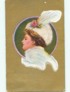 Pre-Linen signed SIDE PROFILE OF WOMAN IN WHITE HAT k6788