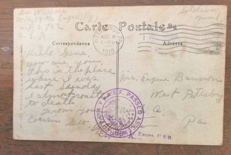 Free Franked Soldiers Mail Post Card; Post Marked 1918