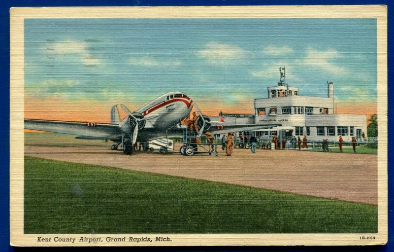 Grand Rapids Michigan mi Kent County Airport linen postcard