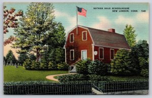 New London Connecticut~Nathan Hale Schoolhouse~USA Flag~Cemetery~Fence~Linen PC