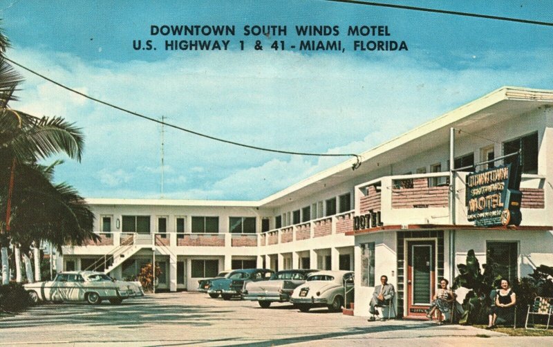 Vintage Postcard Downtown South Winds Motel Old Cars Highway 1 Miami FL