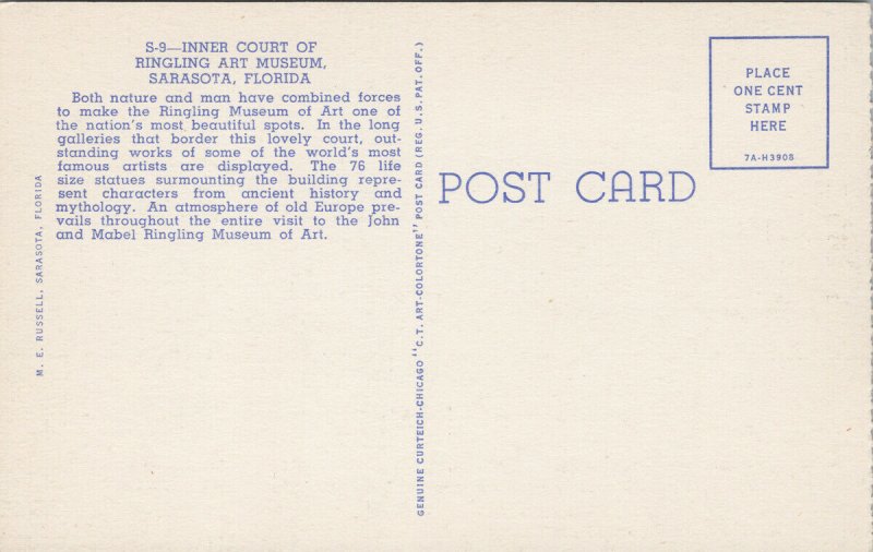 Ringling Art Museum Sarasota Florida FL Inner Court Unused Linen Postcard G16 