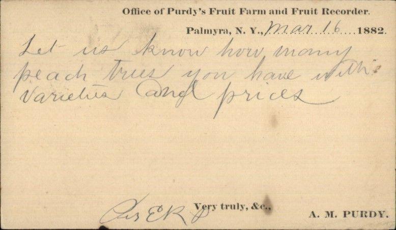 Palmayra NY Purdy's Fruit Farm 1882 Agriculture Postal Card