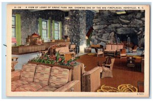 c1940's Interior Lobby of Grove Park Inn Big Fireplace Asheville NC Postcard