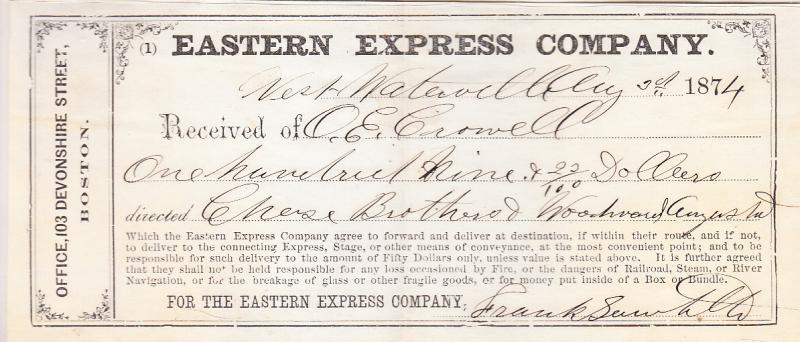 Eastern Express Co. Receipt 1874