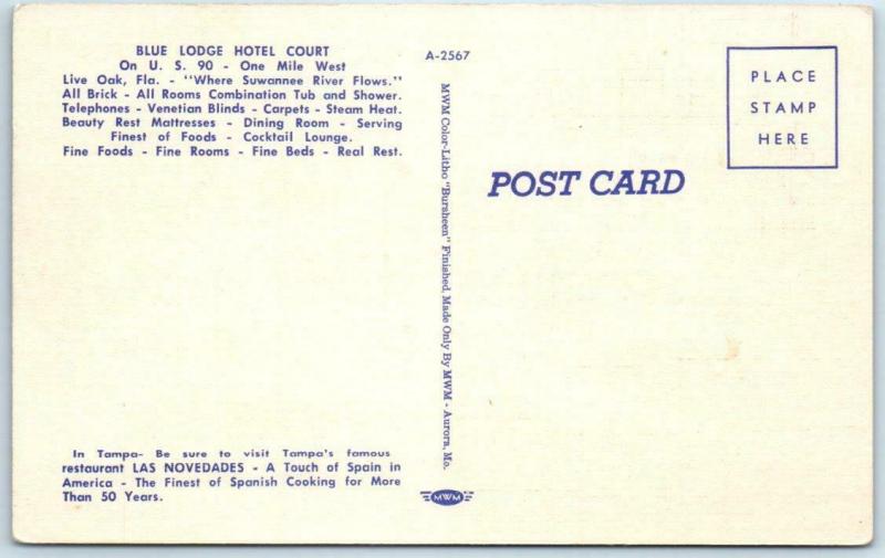 LIVE OAK, Florida FL  Roadside BLUE LODGE HOTEL COURT ca 1940s Linen   Postcard