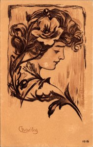 Art Nouveau Sketch Woman and Flowers Vintage Postcard