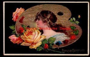 Birthday Greeting, Samson Bros No 7065 A, Gelatin, Pretty Woman on Palette,Roses