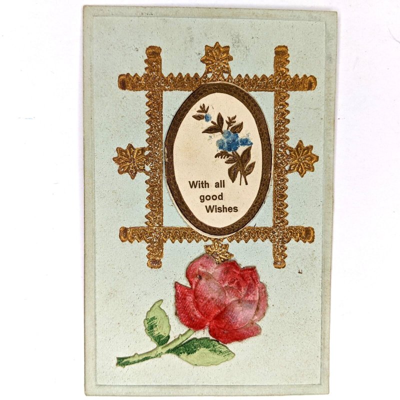 c1910s Embossed Door Fold Open Good Wishes Poem Card Postcard Rose Gilt A79