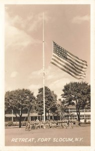 Fort Slocum NY, Retreat U.S.A. Flag Coming Down, Real Photo Postcard