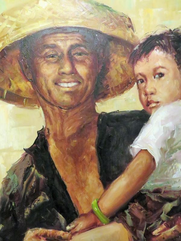 Artist KK Wong, Oil Painting of Asian man holding child, Painting is in Frame...