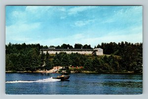Boothbay Harbor ME- Maine, Lake View Motel, Jet Boat, Lake, Chrome Postcard 