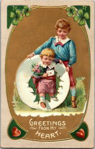 Greeting from My Heart, Children Shamrocks Hearts Vintage Postcard H33