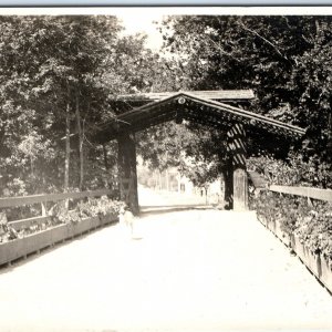 c1910s Covered Bridge RPPC Dog on Trail Real Photo Path Unknown Loc Postcard A93