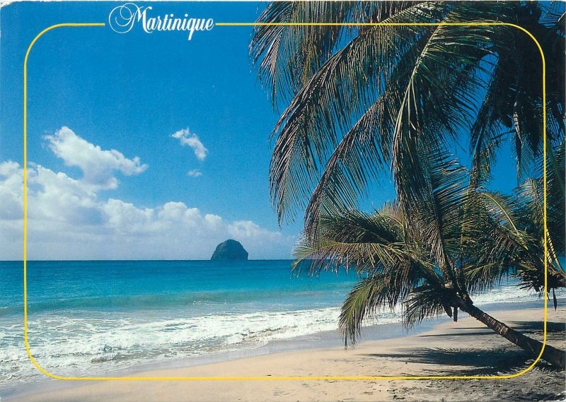 Postcard Martinique tropical beach aspect Diamond Rock palm trees