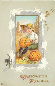 Halloween, Women Carving a JOL, Black Cat, Owl,, Stecher No. 345 C