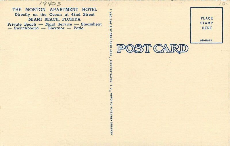 Miami Beach Florida 1940s Morrow Apartment Hotel Teich linen Postcard 21-7885