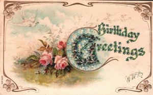 Vintage Postcard 1908 Happy Birthday Greetings Card Pink Roses Flowers Birds