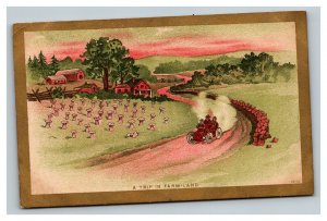 Vintage 1910 Comic Postcard Antique Car on a Country Road Wheat Field Farms