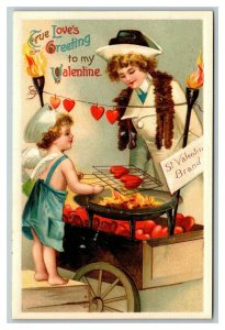 Vintage 1910's Valentines Postcard Cupid Cooks Hearts over Coals Woman Watches