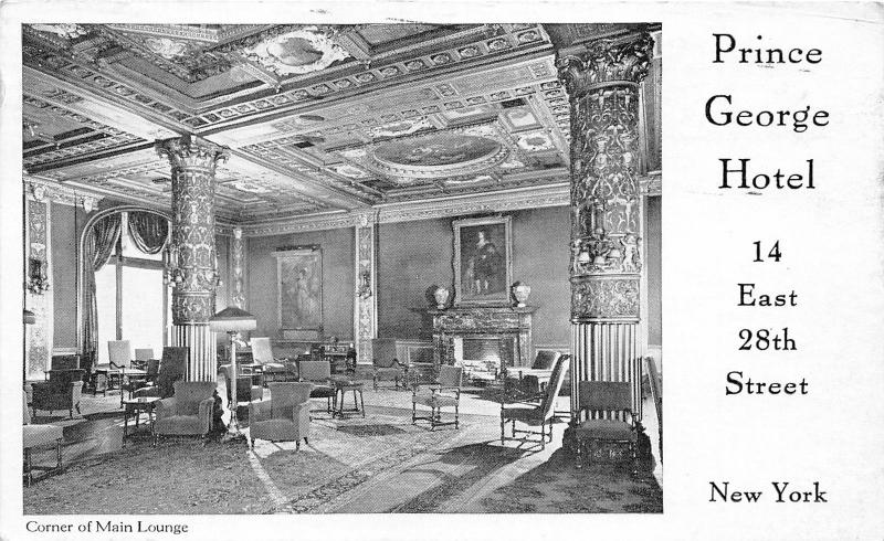 New York City~Prince George Hotel-Main Lounge~Beautiful Decor~1941 Postcard