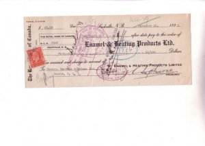 1933 Royal Bank Cheque Stamp Enamel Heating 1933 Sackville New Brunswick Check