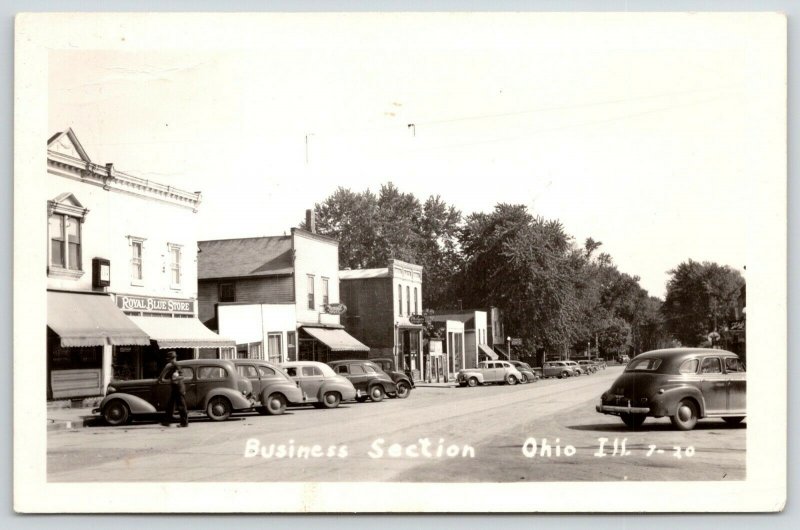 Ohio Illinois~Main Street~Royal Blue Grocery Store~Rexall~Philgas~1930 Cars~RPPC 