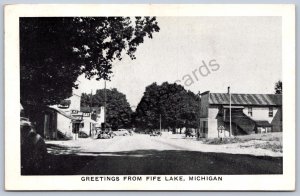 K49/ Fife Lake Michigan Postcard c1940s Greetings Stores Main Street 530