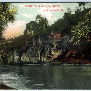 c1910s Des Moines, IA Racoon River Nature Scene Rock Cliff Man on Shore PC A273