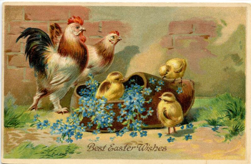 Greeting - Easter. Chick(s) and Rooster and Hen