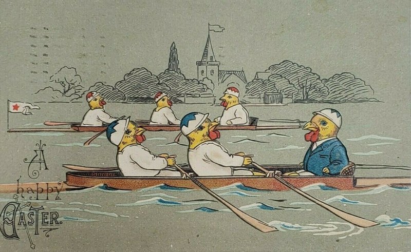 1909 Embossed Dressed Chicks on Rowing Team Boats Red Star Line Flag Easter