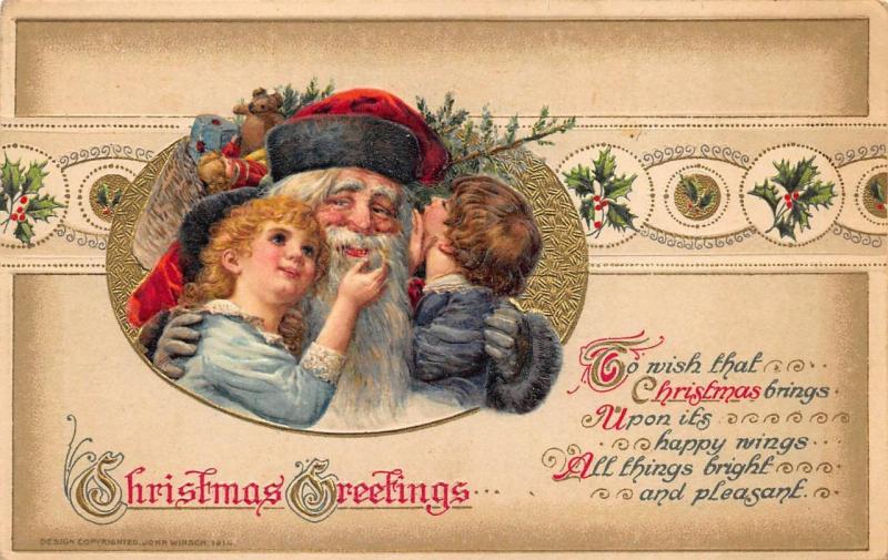 John Winsch 1914 Santa Claus Christmas Greetings Poem Embossed Postcard