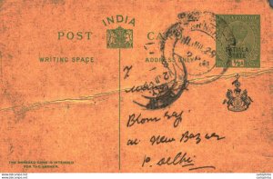 India Postal Patiala Stationery George V 1/2 A to Delhi