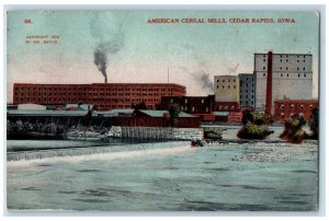 1910 American Cereal Mills River Lake Falls Smokestacks Cedar Rapids IA Postcard