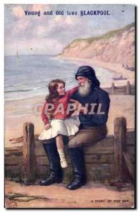 Postcard Old Young And Old Love Blackpool Fisherman Fishing Child