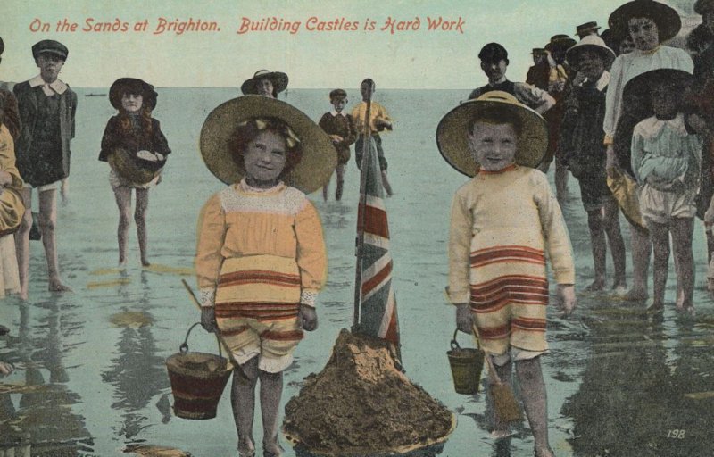 Building Union Jack Castle Its Hard Work At Brighton Old Postcard