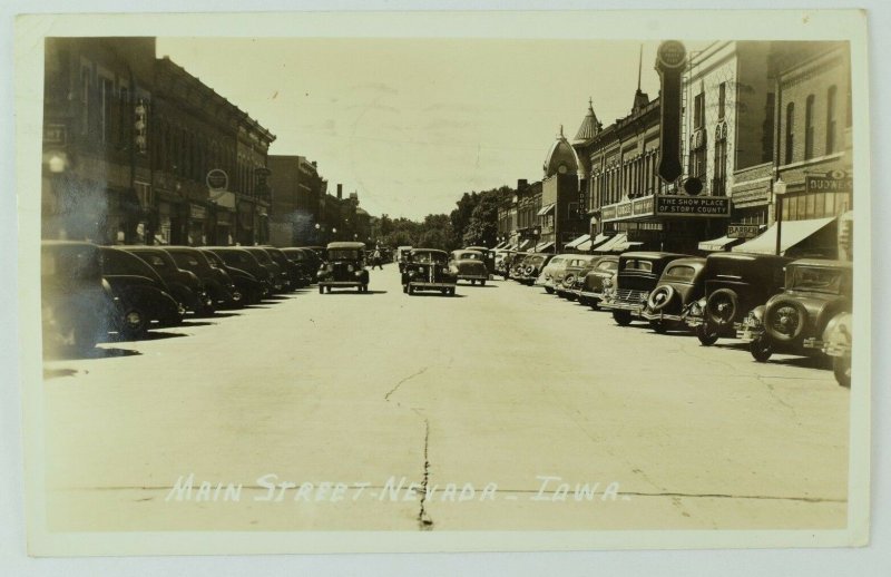 1930's RPPC Downtown Main St. Nevada, Iowa Theater Budweiser Sign Postcard F84