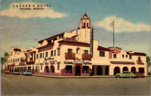 Linen Postcard Caesar's Hotel Main Street at Fifth in Tijuana, Mexico