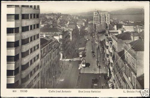 spain, VIGO, Calle José Antonio, TRAM (1950s) RPPC