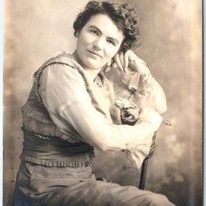 c1910s Cute Woman Pose RPPC Young Lady w/ Roses Real Photo Amanda Pomerleau A160