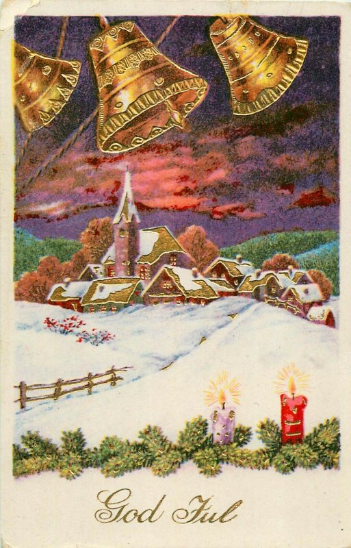 Finland God Jul novelty winter seasonal greetings postcard bells