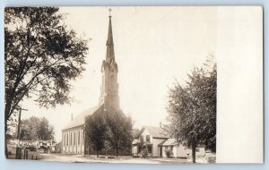 Mazomanie Wisconsin WI Postcard RPPC Photo Church Scene Dirt Road c1905 Antique