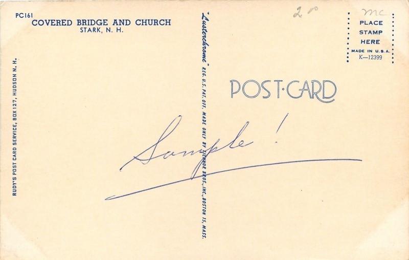 Stark New Hampshire~Covered Bridge and Church~Cross~Steeple~Rocky~1960s Postcard 