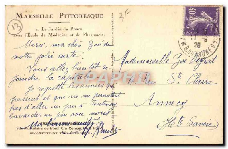 Postcard Old Marseille Le Jardin du Pharo AVEE the School of Medicine and Pha...
