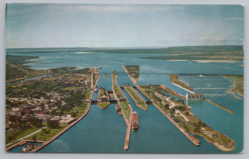 Sault Ste Marie Michigan~Air View Soo Locks To Lake Superior~Vintage Postcard 
